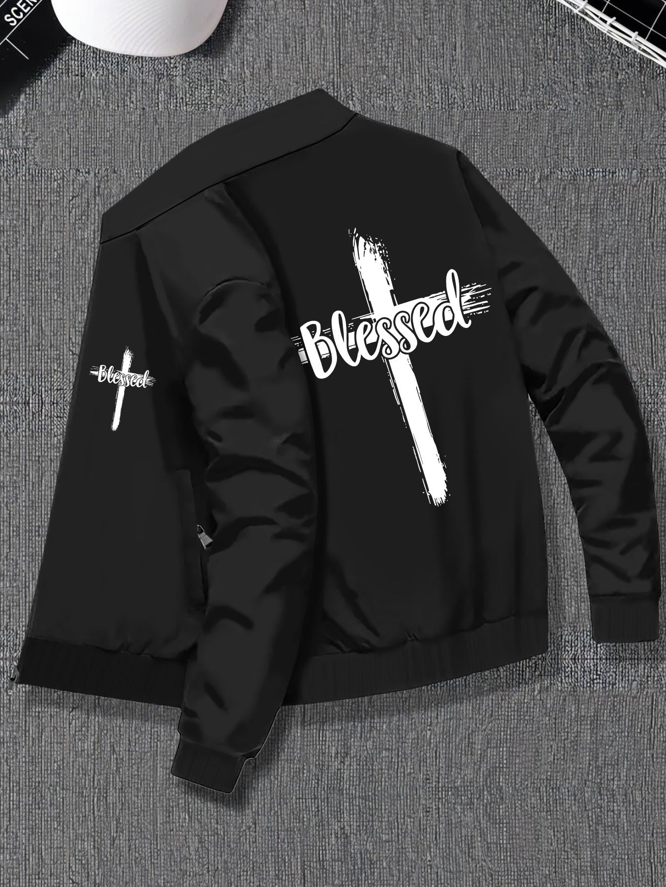 Plus Size Men's Stylish Jacket With Pockets. Blessed Cross Print