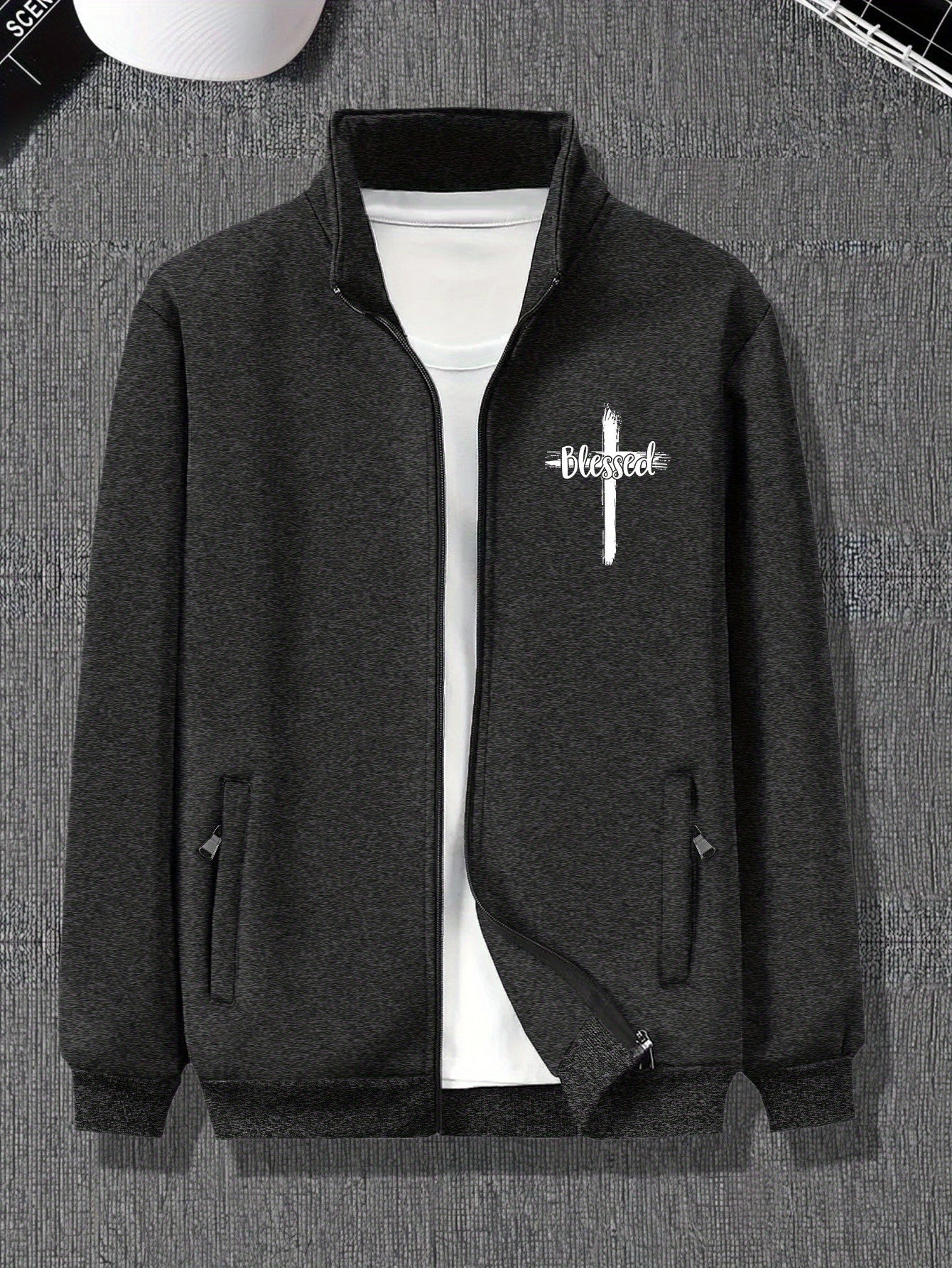 Plus Size Men's Stylish Jacket With Pockets. Blessed Cross Print
