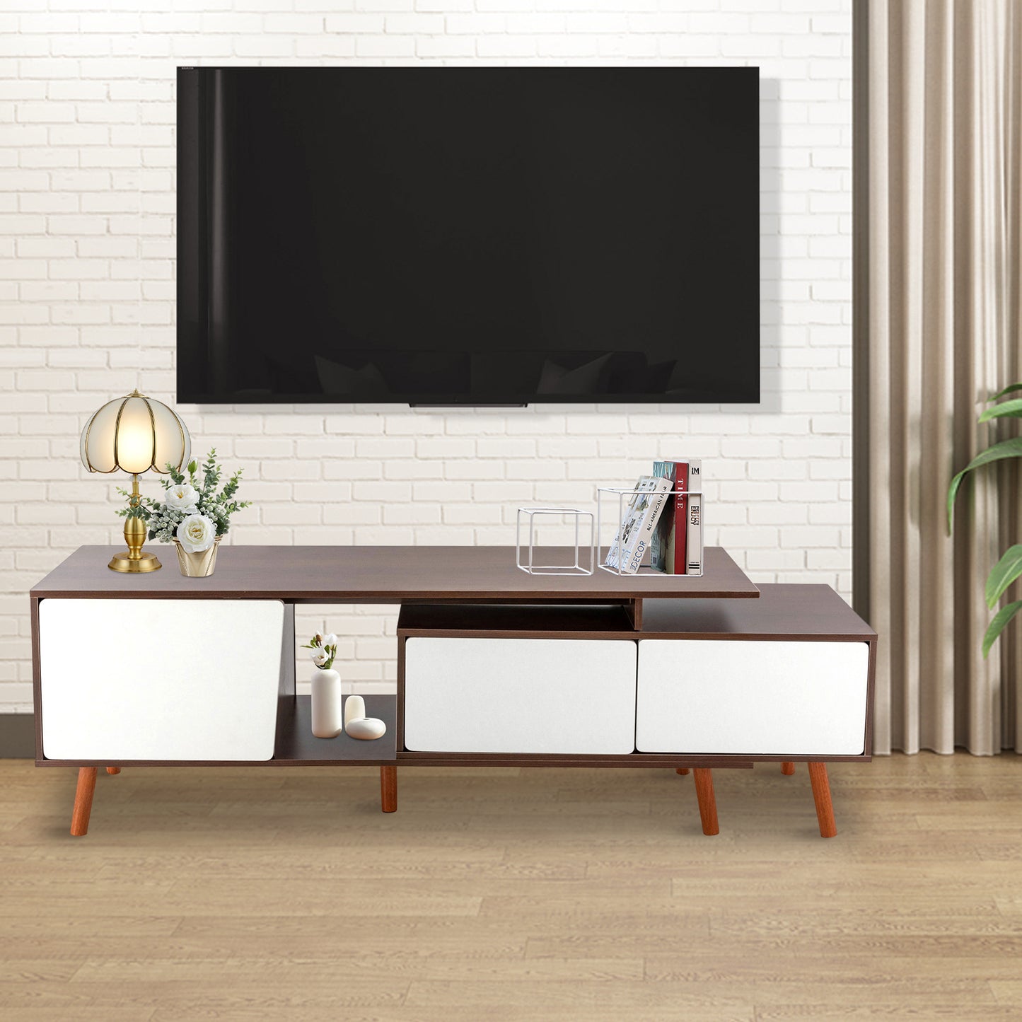 Modern MCM Design Length Adjustable 47.24-78.74inch TV Stand, Entertainment Center with Storage, Wooden TV Console Table, Media Cabinet for Living Room Office Bedroom-Dark Walnut