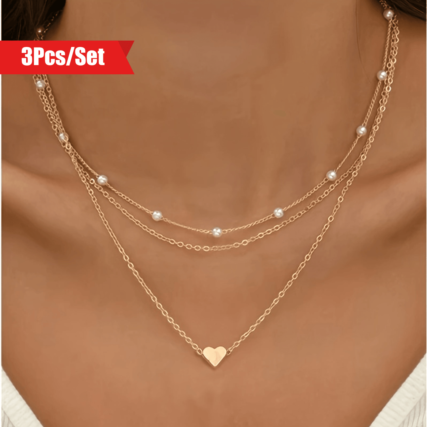 3pcs/Set Ladies Heart Charm Faux Pearl Necklace Stackable Iron Necklace Female Jewelry Gift