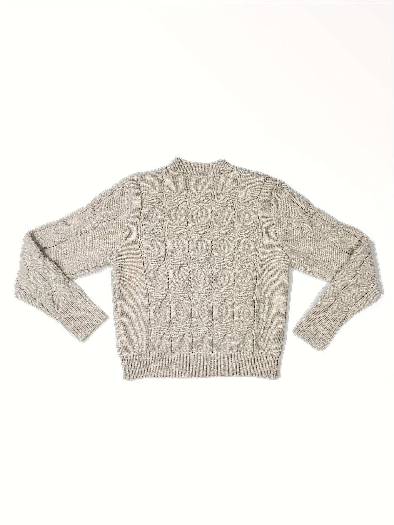 Cable Knit Mock Neck Sweater, Casual Long Sleeve Solid Color Sweater For Fall & Winter, Women's Clothing