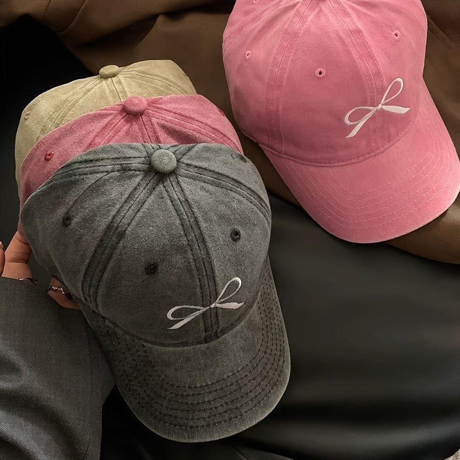 Bow Embroidered Baseball Cap For Women, Vintage Washed Distressed Peaked Hat, Sport Cap