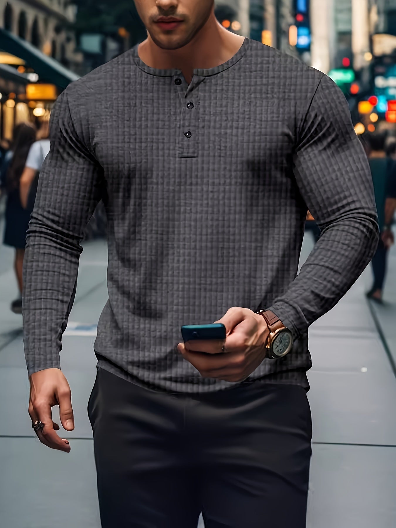 Men's Casual Long Sleeve Henley Shirt, Polyester Knit Fabric, Solid Color, Round Neck, Button Front, Regular Fit for Everyday Wear