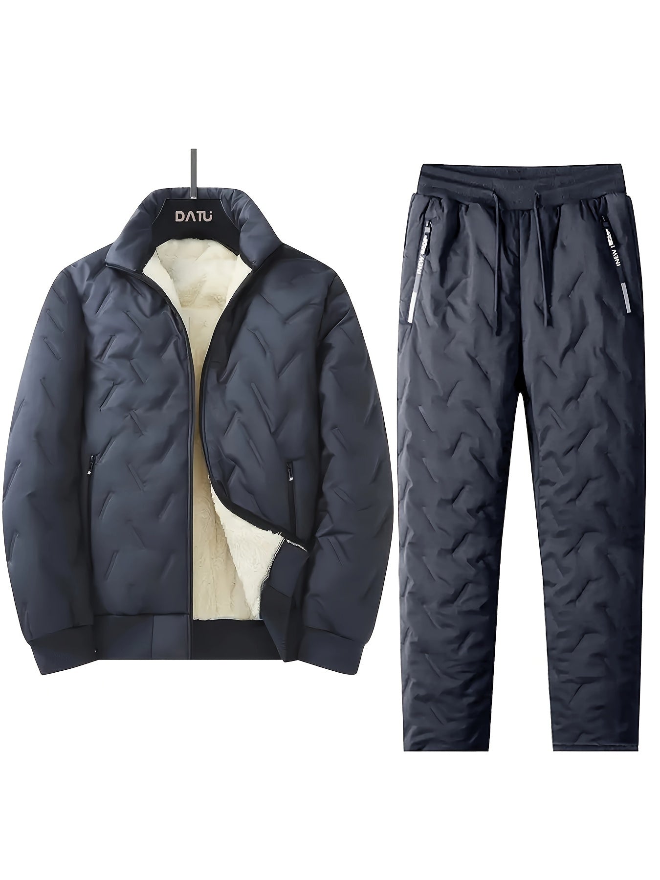 Men's Winter Casual Coat Set, Fleece Lining, Waterproof, Polyester Fabric, Stand-Up Collar, Pockets, Regular Fit, Sports Outfit for Men