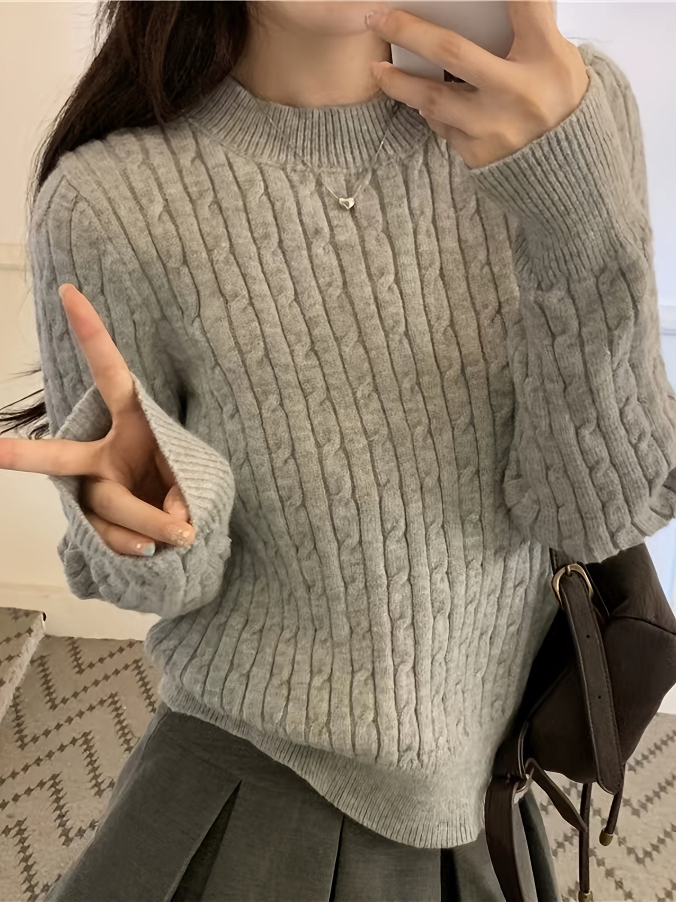Cable Knit Crew Neck Sweater, Casual Long Sleeve Sweater For Fall & Winter, Women's Clothing