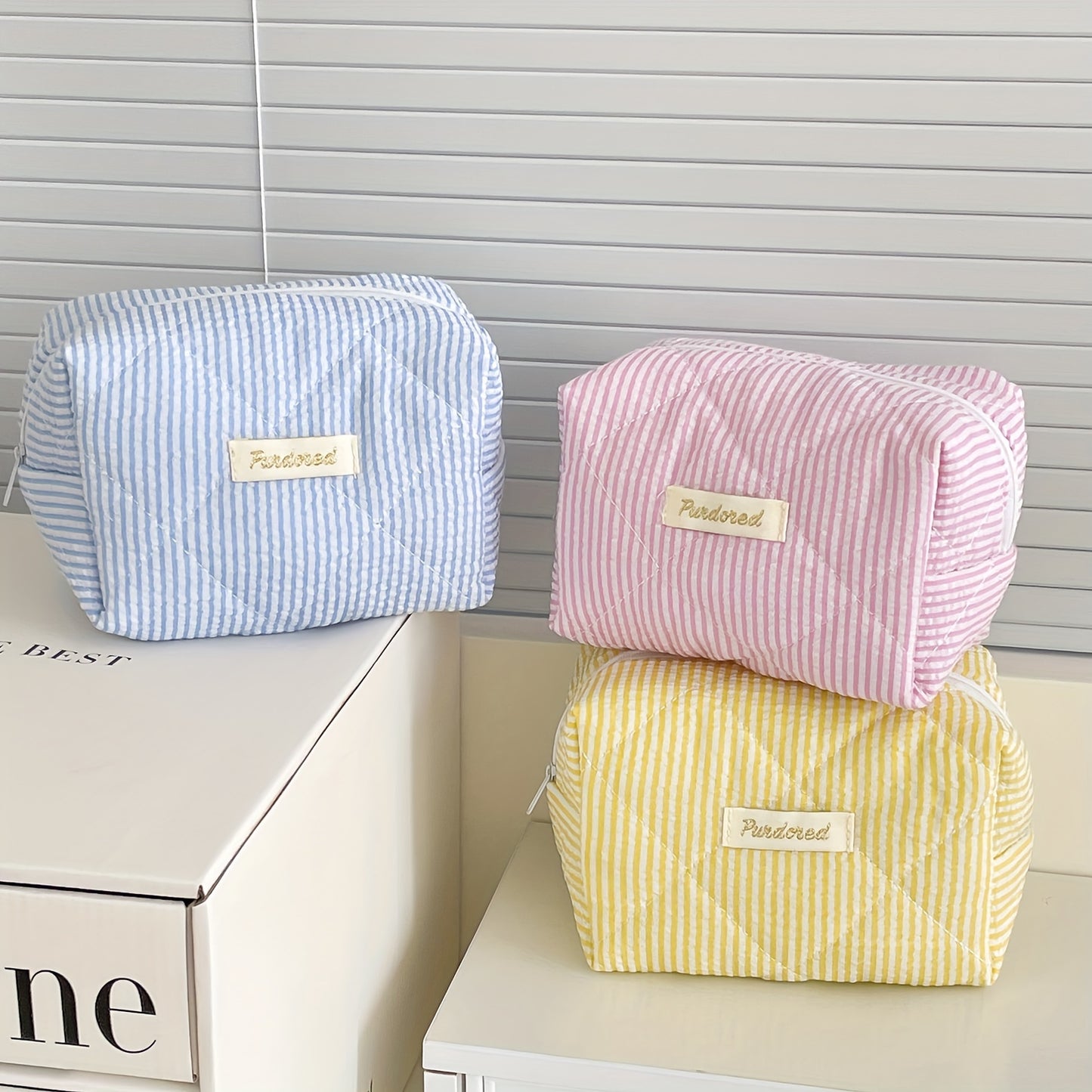 Chic Striped Cotton Makeup Bag - Large Capacity, Portable Toiletry Organizer for Travel & Daily Use,, Blue/Yellow