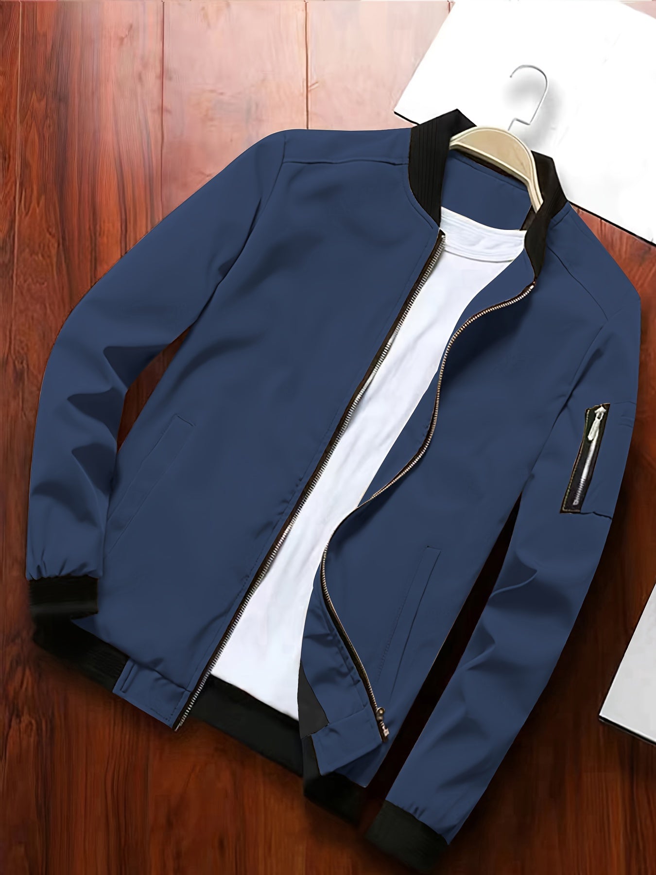 Men's Casual Full Zip Bomber Jacket, Solid Color Blouson Jacket