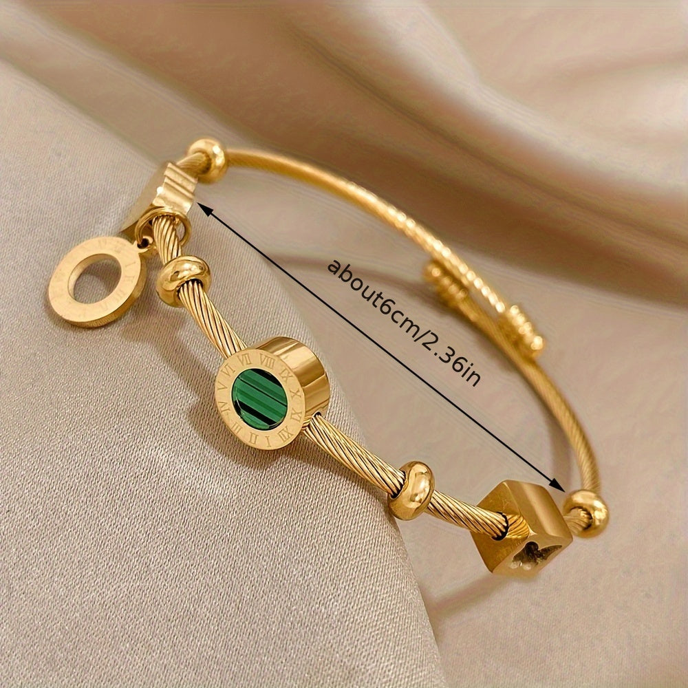 Golden Plated Stainless Steel Adjustable Bangle With Elegant Green Stone & Roman Numerals