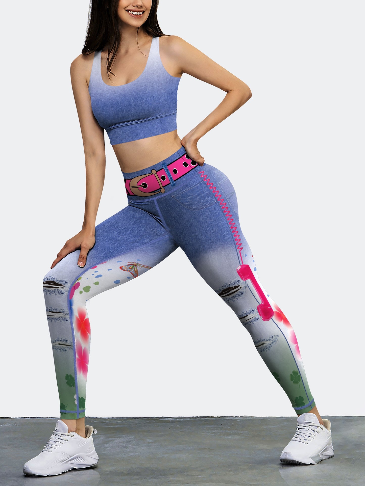 2 Pc Women's Printed Sports Bra and High-waisted, Hip-lifting Elastic Leggings