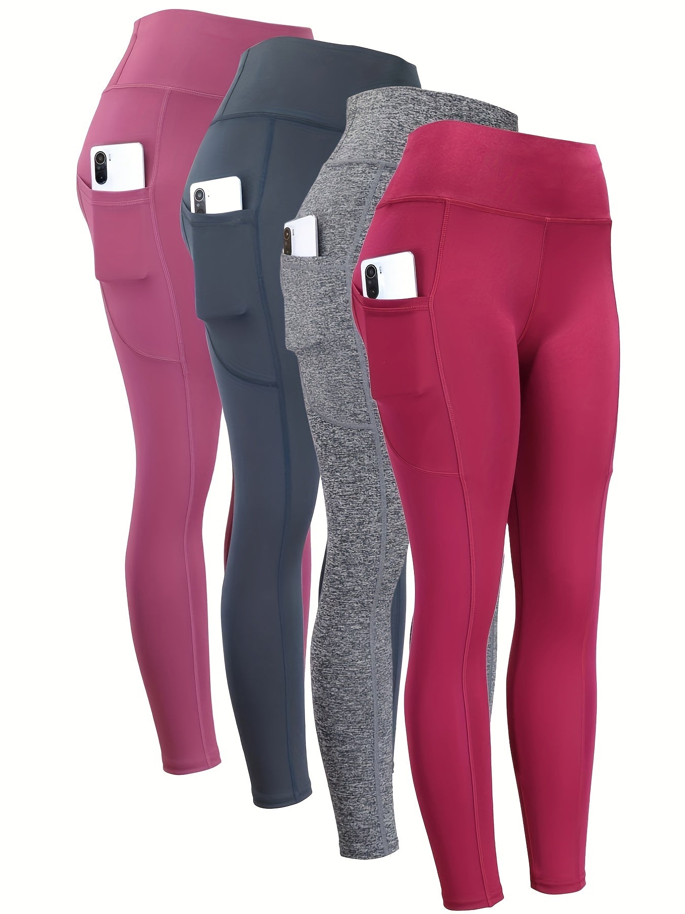 4pcs Deal Set High-Waisted Yoga Leggings with Pockets for Women, Solid Color, Tight Fit Activewear