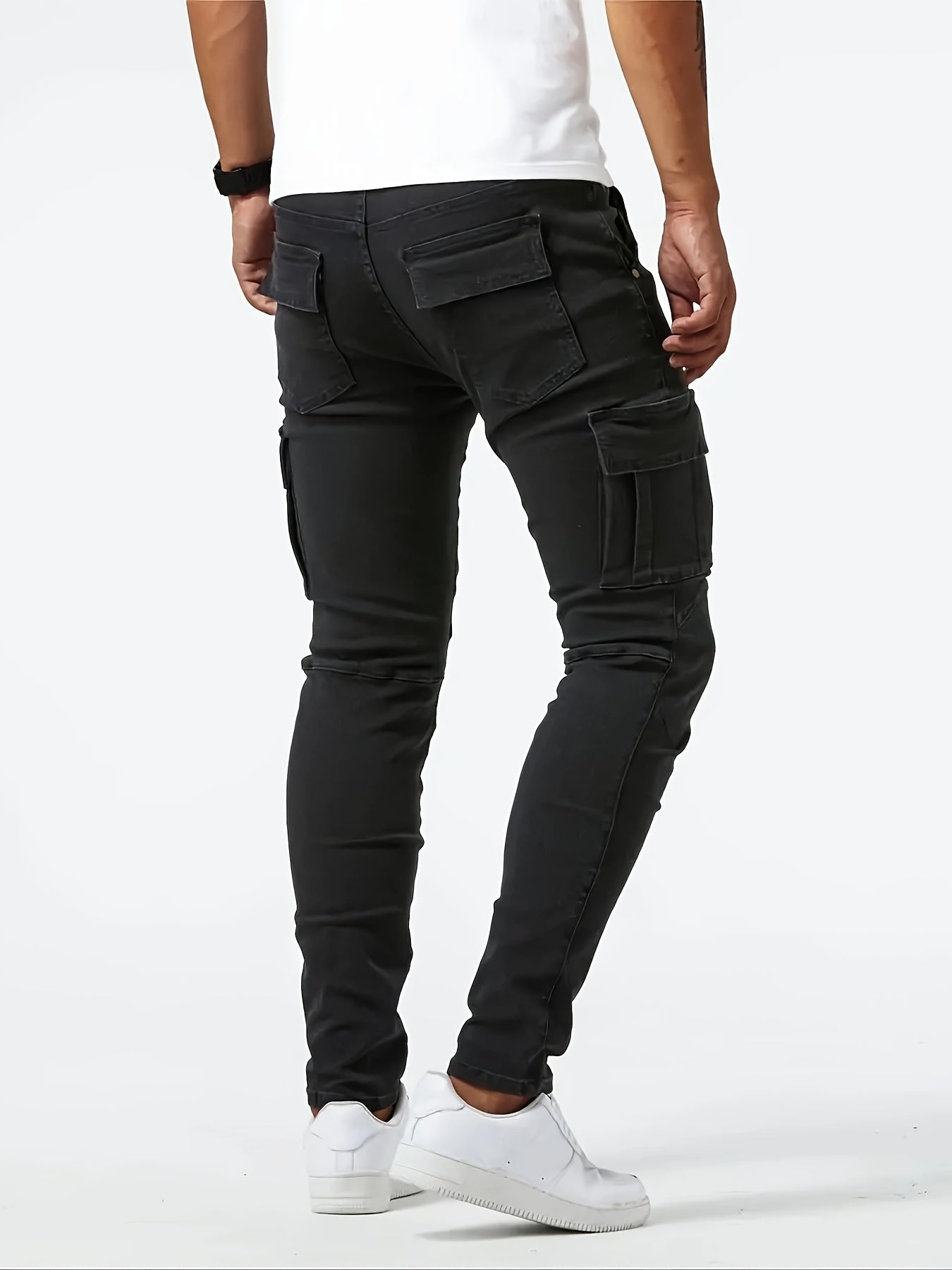 Men's Stylish Cotton Blend Solid Denim Trousers With Pockets, Causal Breathable Slim-fit Jeans For City Walk Street Hanging Outdoor Activities