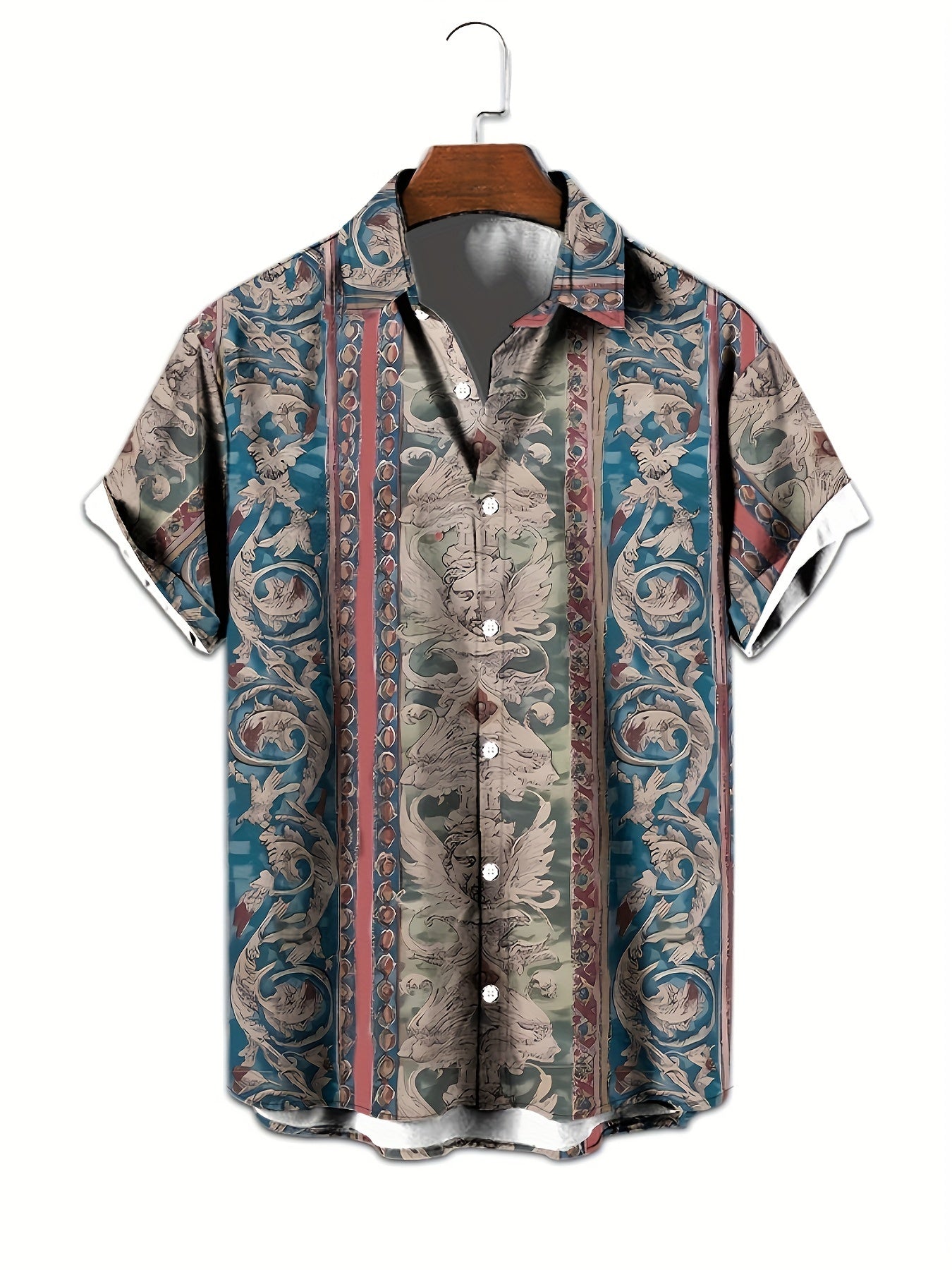 Retro Angles Pattern Button-Down Shirt for Men, Summer Casual Lapel Short Sleeve Shirt