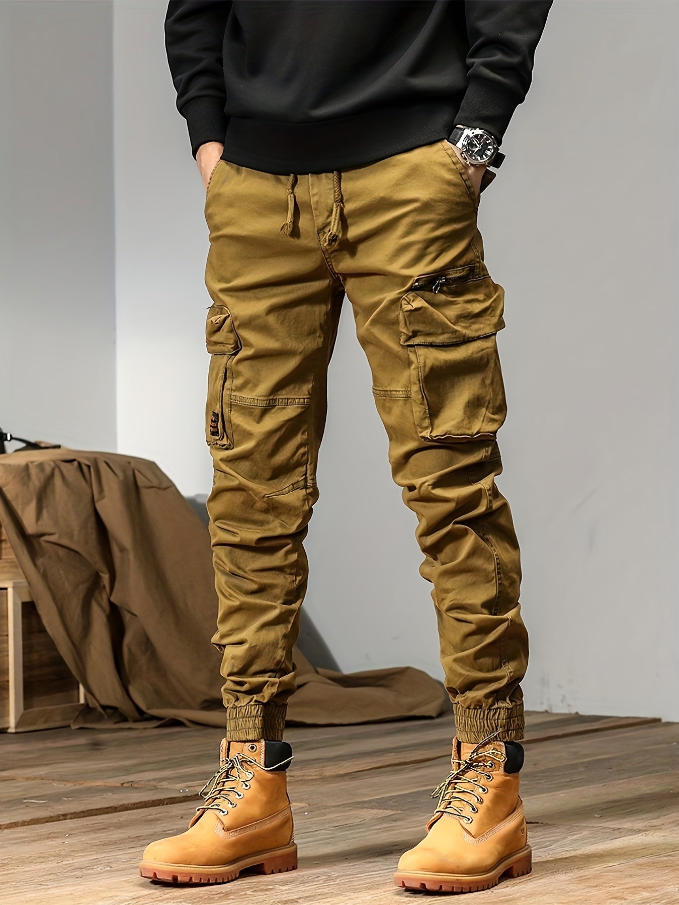In style Men's Solid Cargo Pants With Multi Pockets, Cotton Drawstring Joggers For Outdoor