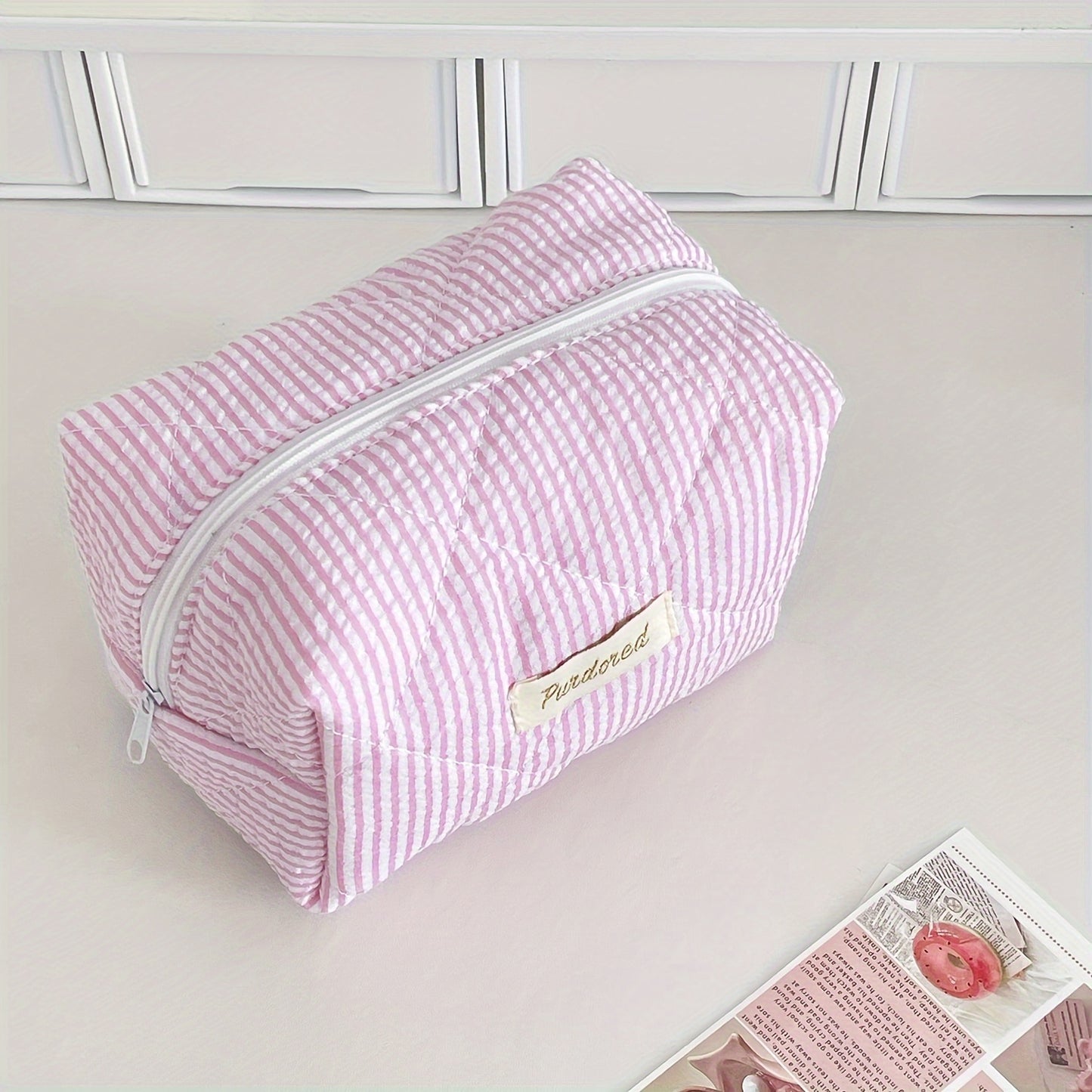 Chic Striped Cotton Makeup Bag - Large Capacity, Portable Toiletry Organizer for Travel & Daily Use,, Blue/Yellow