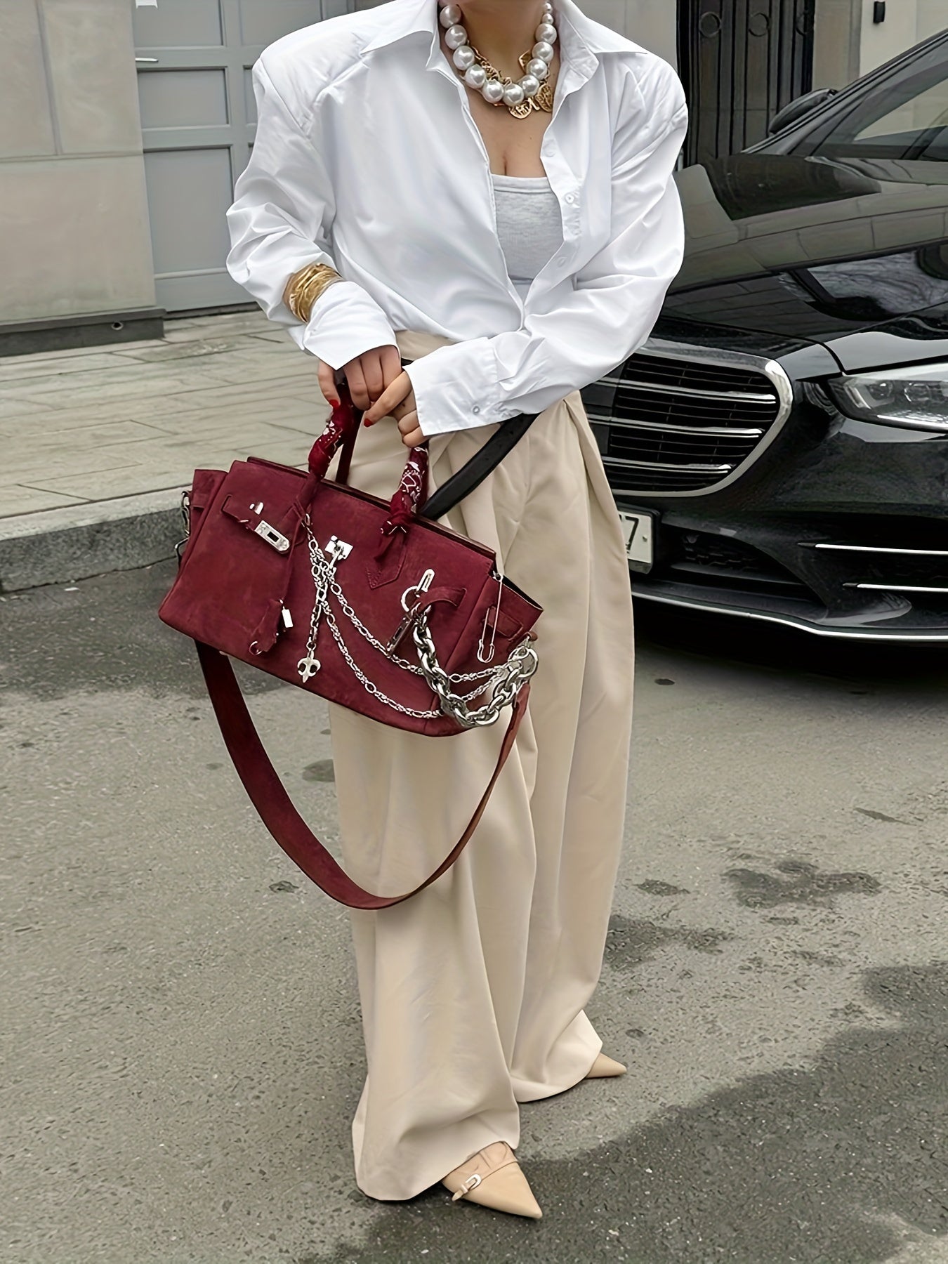 Elegant Wide-Leg Pants for Women - High Waist, Solid Color, Stretchy Polyester Blend, Machine Washable