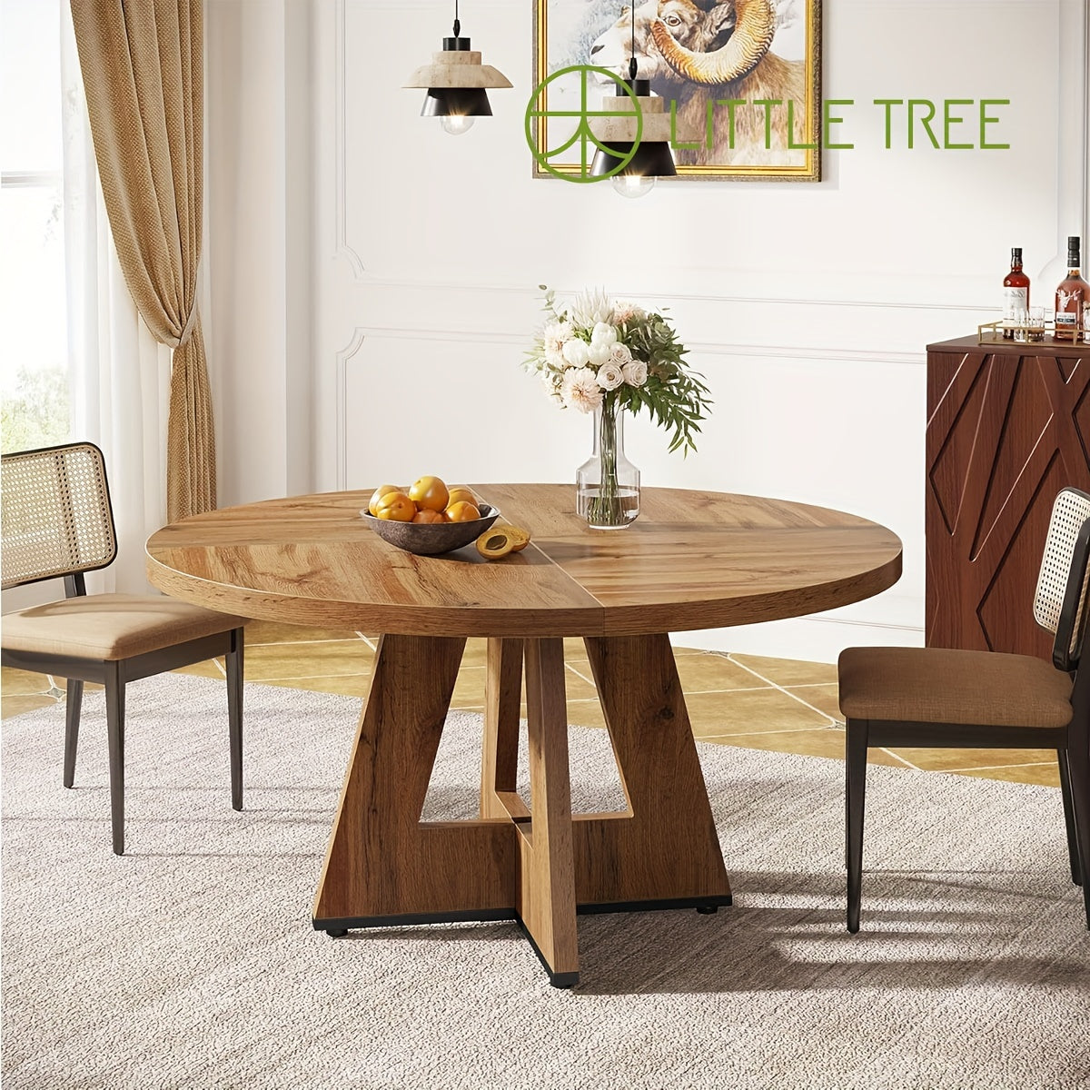 Modern Design Rustic 47-Inch Round Dining Table Set for 4, Wood Dining Table with Chairs