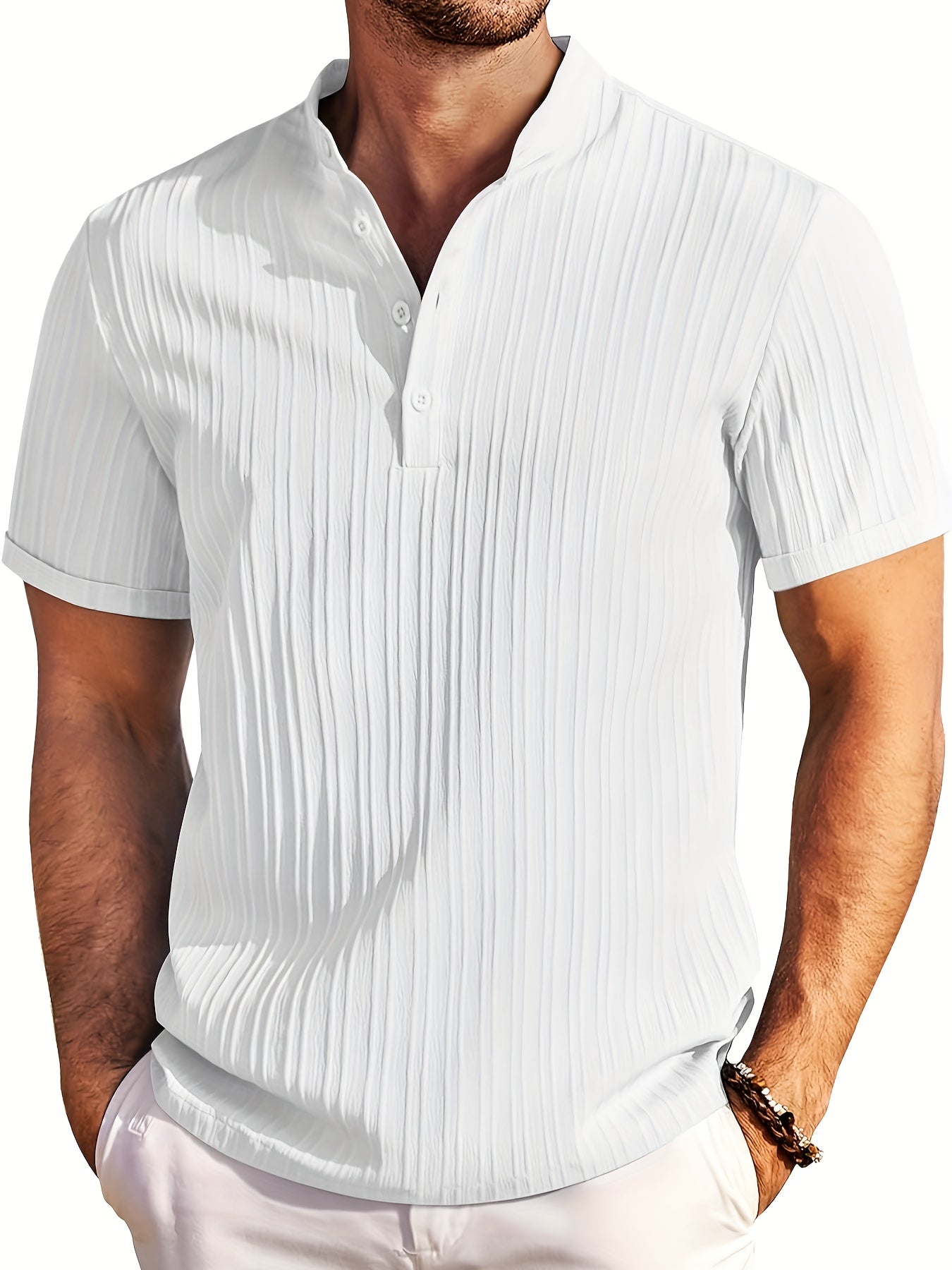 Men's Striped Golf Shirt, Casual Short Sleeve Stand Collar Shirt For Outdoor