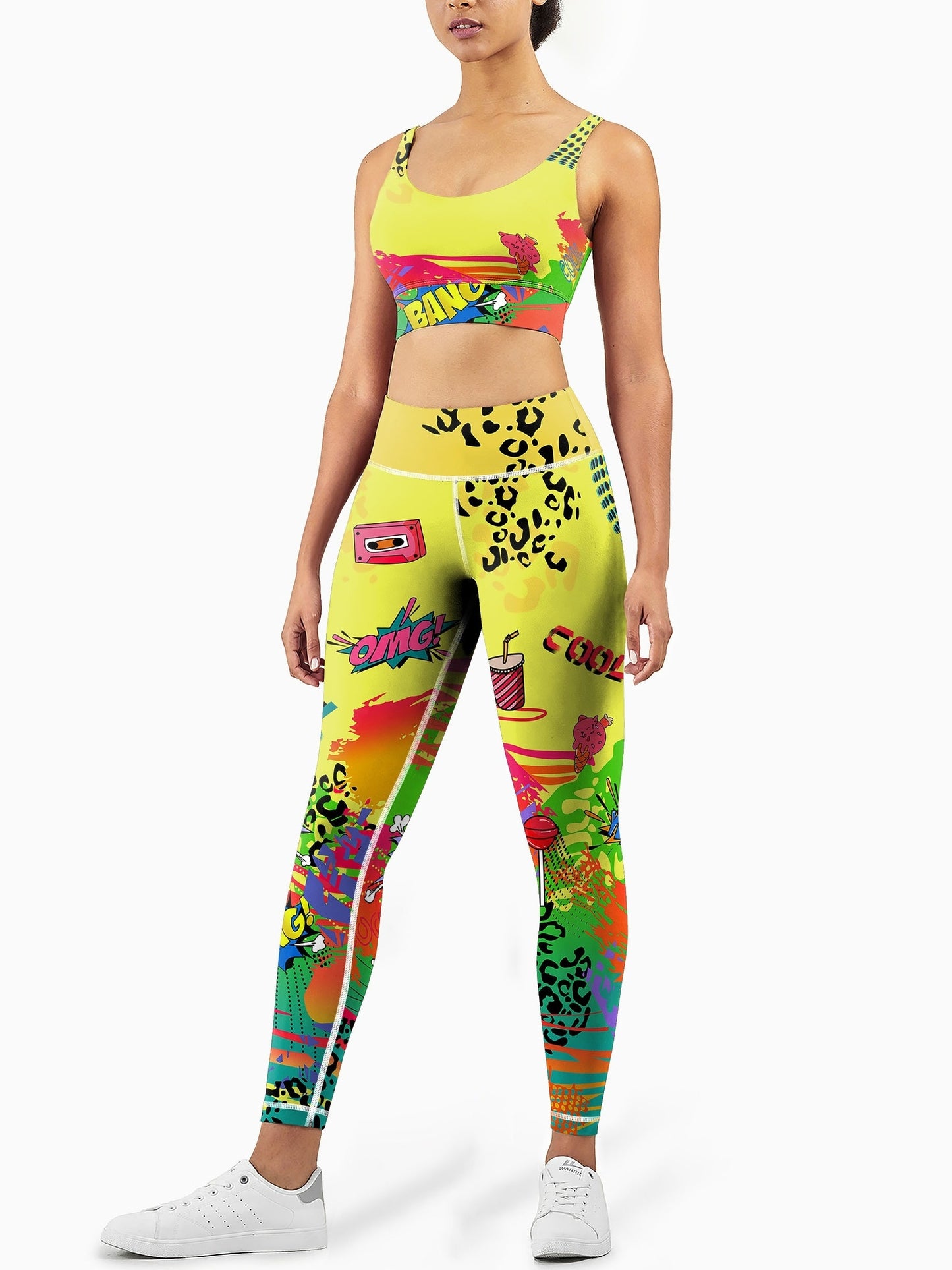 2pc Leopard Print Color Block High-Waisted Yoga Sports Bra Set with Butt-Lifting Leggings