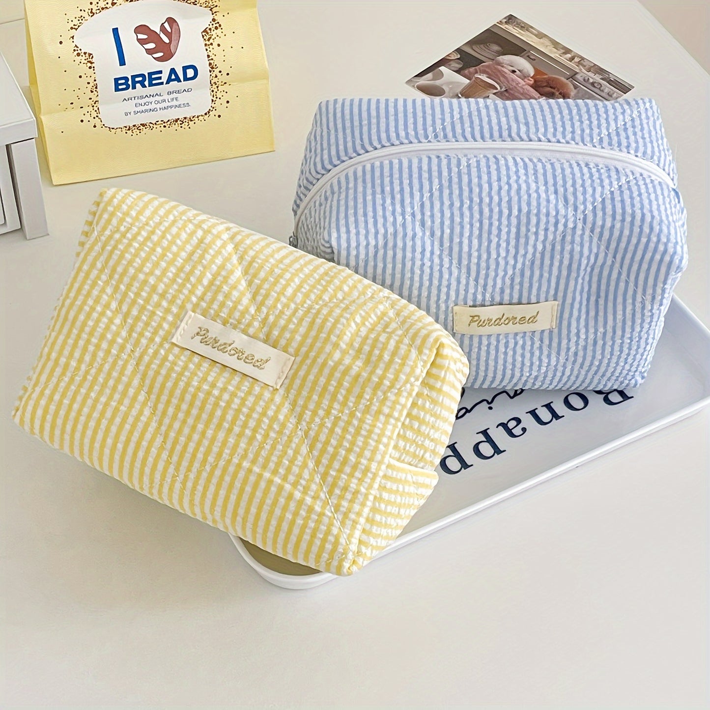 Chic Striped Cotton Makeup Bag - Large Capacity, Portable Toiletry Organizer for Travel & Daily Use,, Blue/Yellow