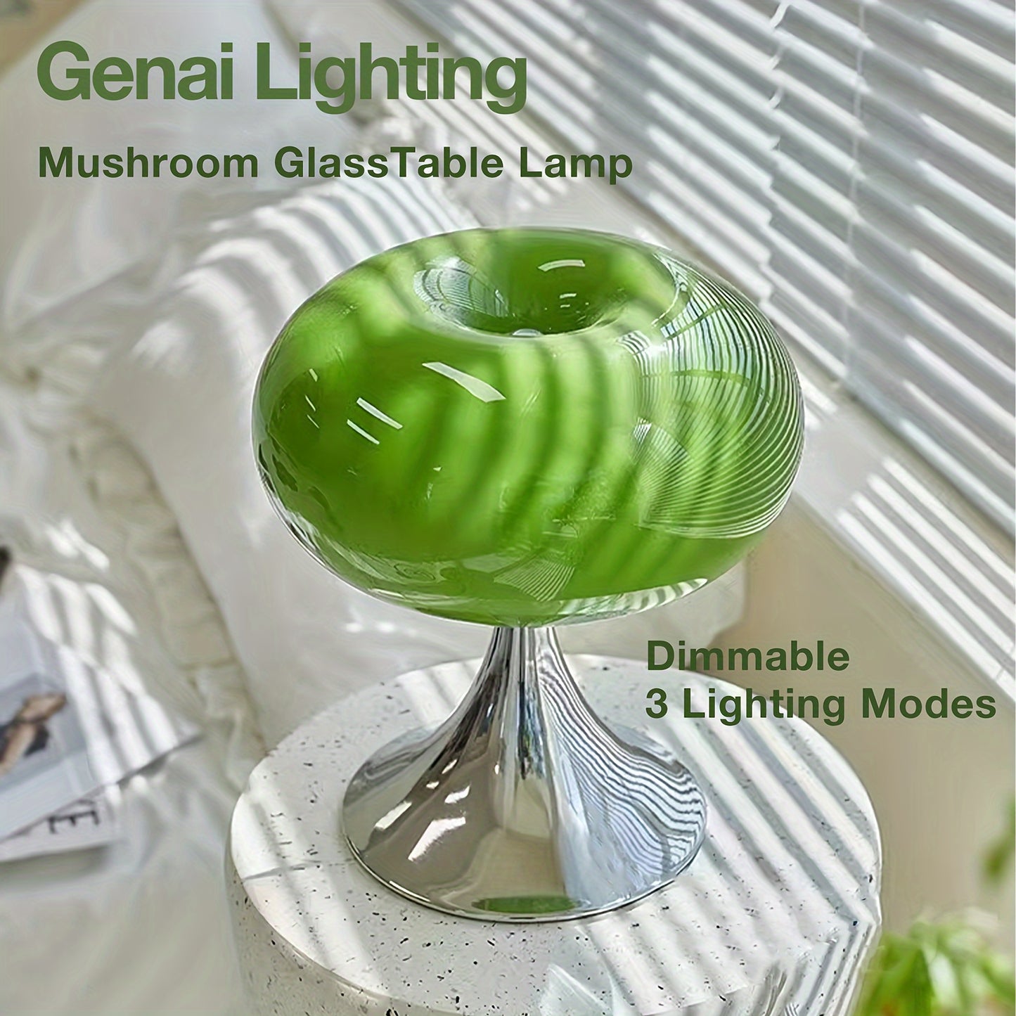 GENAI Art Deco Glass Table Lamp - Adjustable Color Temperature, Dimmable, Push Button Control, USB Powered, Metal Finish - Landscape Theme for Various Rooms & Dorm.
