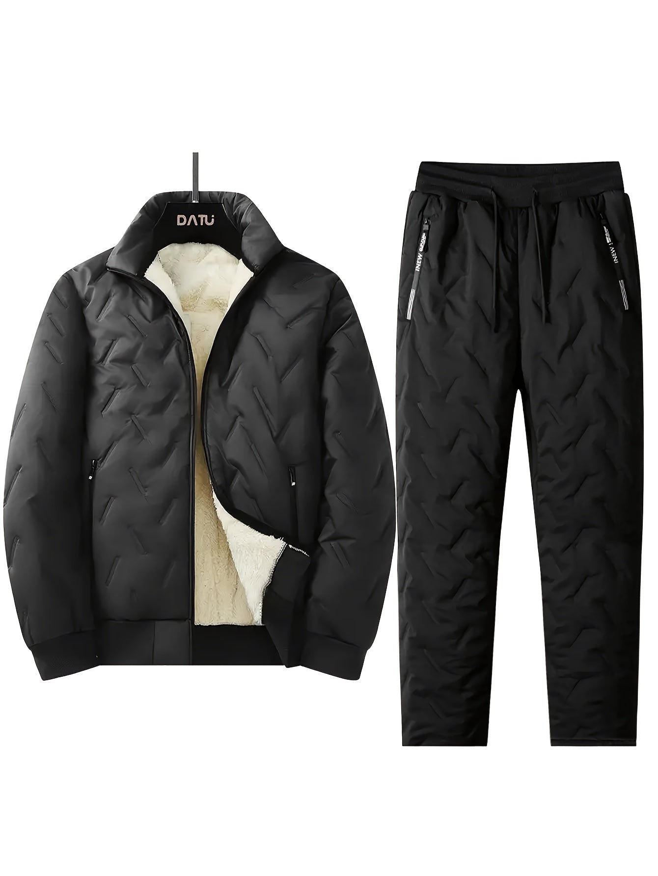 Men's Winter Casual Coat Set, Fleece Lining, Waterproof, Polyester Fabric, Stand-Up Collar, Pockets, Regular Fit, Sports Outfit for Men