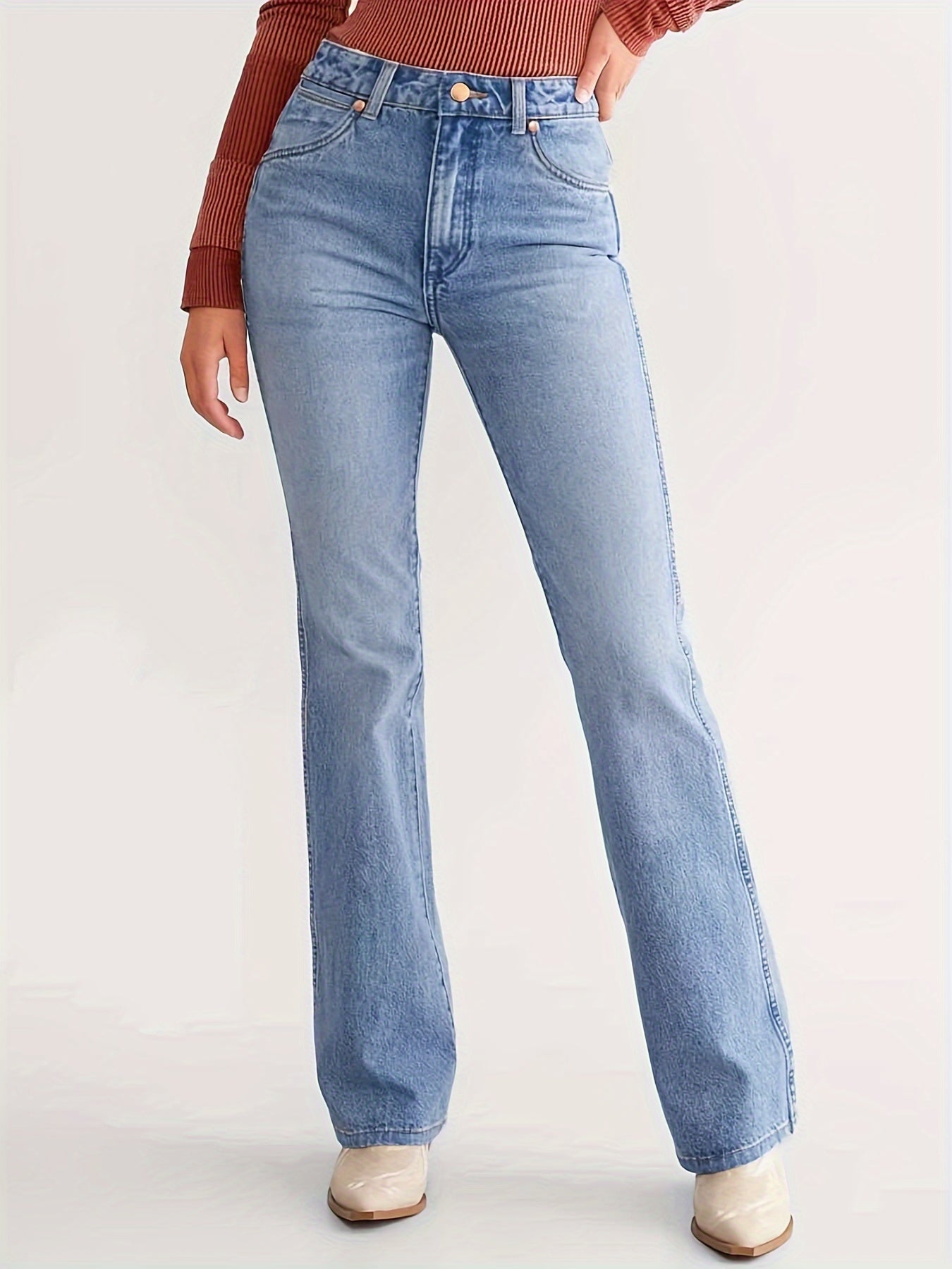 Casual Plain Denim Jeans, High Rise Button Fly Bootcut Denim Pants, Women's Denim Jeans & Clothing