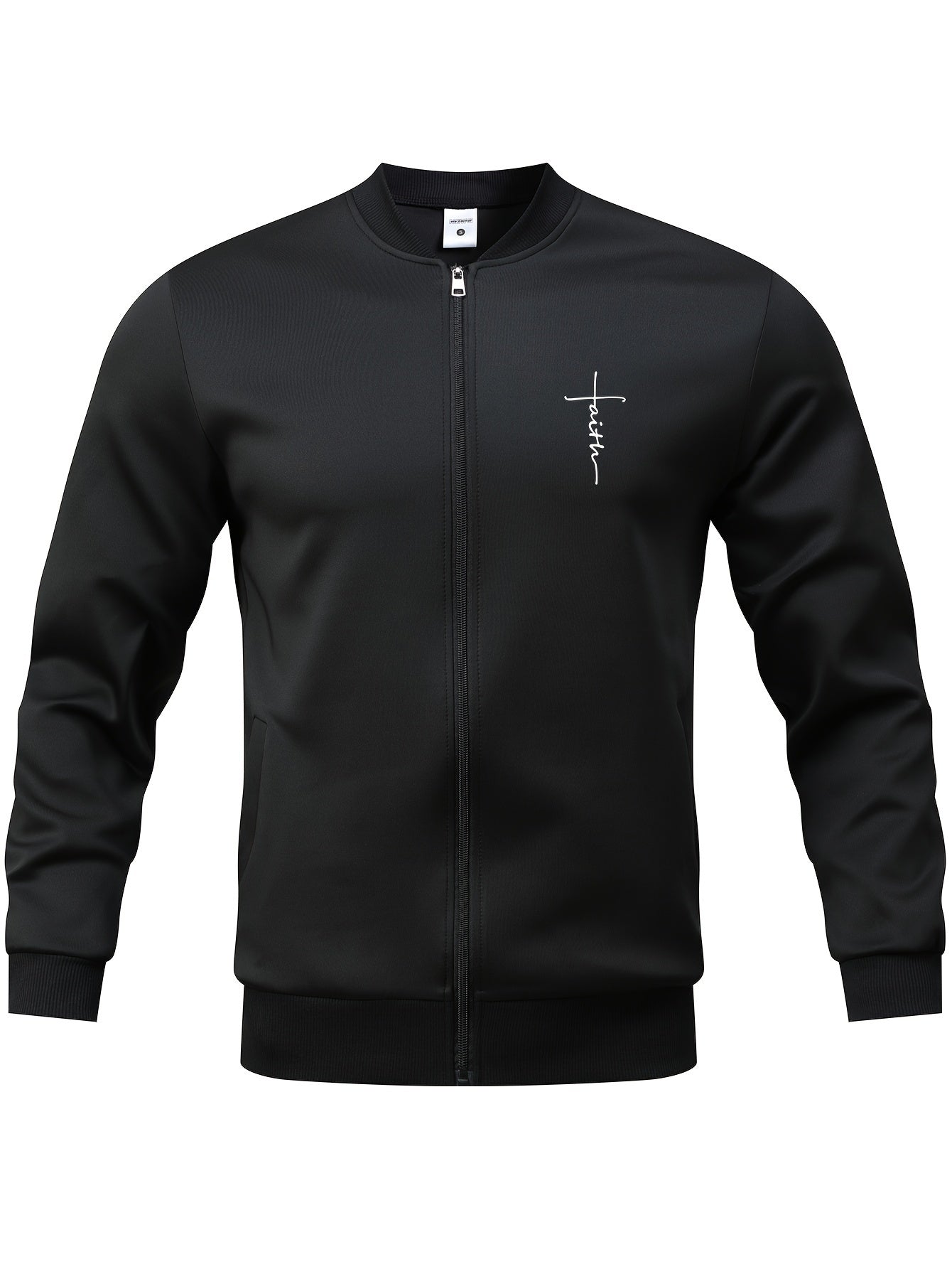 Trendy Men's Letter Cross Print Varsity Zip-Up Jacket with Pockets