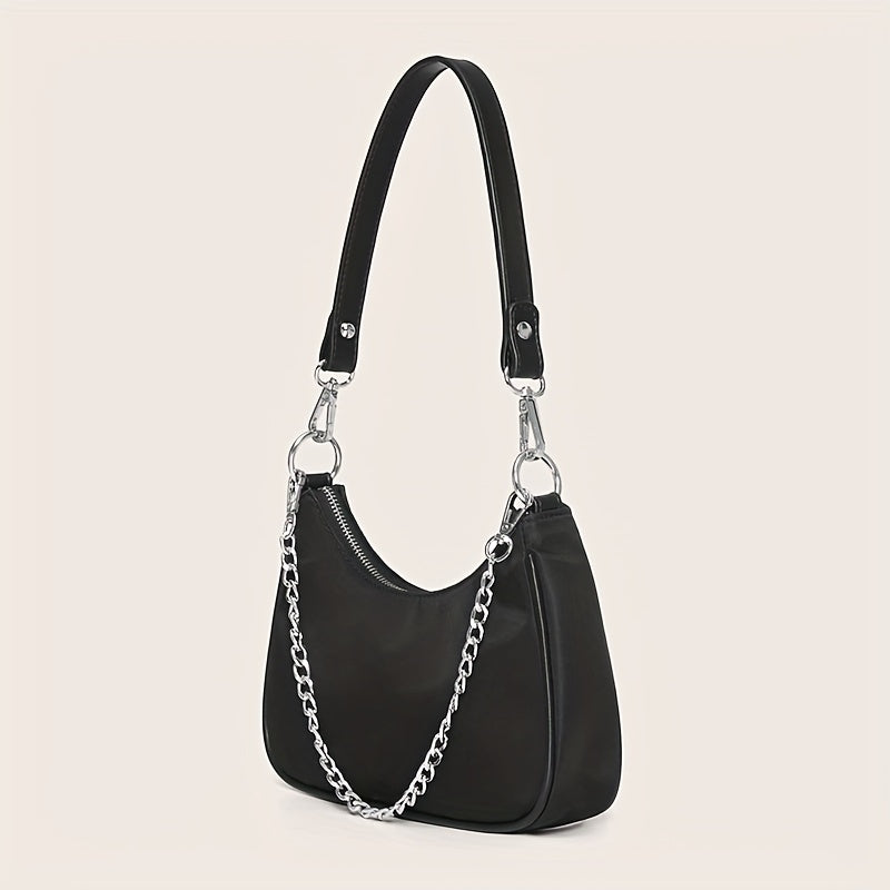 Ladies Y2K Chain Baguette Bag, Trendy Nylon Shoulder Bag, Women's Solid Color Purse