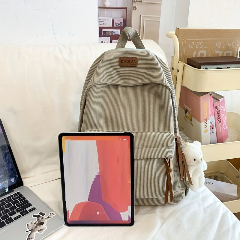 Chic Corduroy Backpack with Cute Bear Charm - Spacious & Versatile, Perfect for High School & College - Available in Khaki, Gray,, Green, Black
