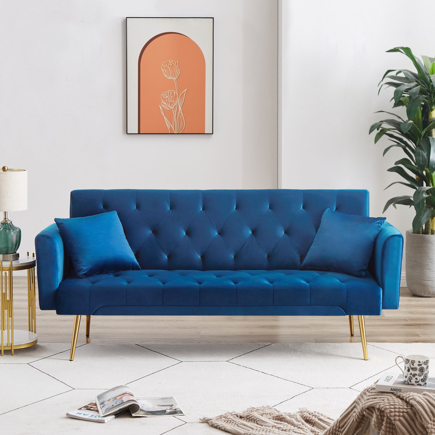 1 pc, Convertible Velvet Futon Sofa Bed, 70x38x30 Inches, Modern Reclining Sofa with 2 Pillows, Beige/Gray/Pink/Blue/Green