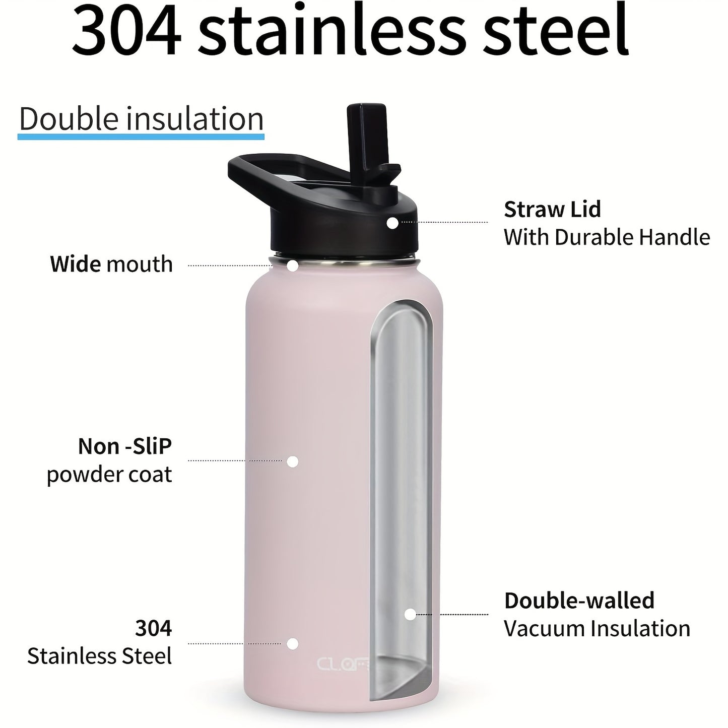 CLQFDT 32oz Vacuum Insulated Stainless Steel Water Bottles With Straw & Spout Lids, Double Wall Sport Bottle, BPA Free, Canteen Metal Thermo Hydro (Sakura Pink)