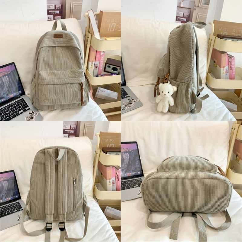Chic Corduroy Backpack with Cute Bear Charm - Spacious & Versatile, Perfect for High School & College - Available in Khaki, Gray,, Green, Black