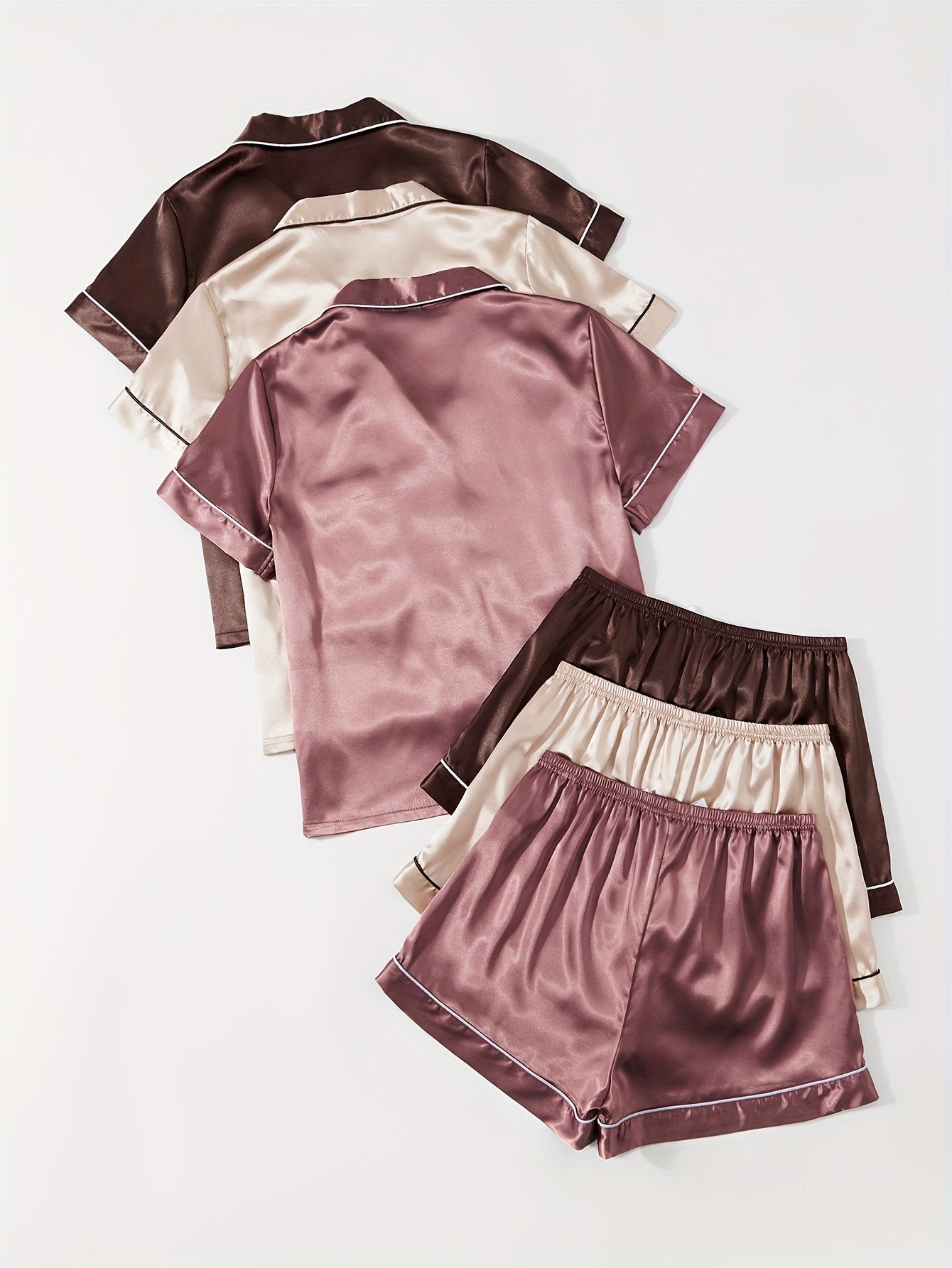 3 sets 2-Piece Women's Sexy Cozy Satin Pajama Set: Short Sleeve Button-Down Top & Shorts, Relaxed Fit, Summer Nightwear