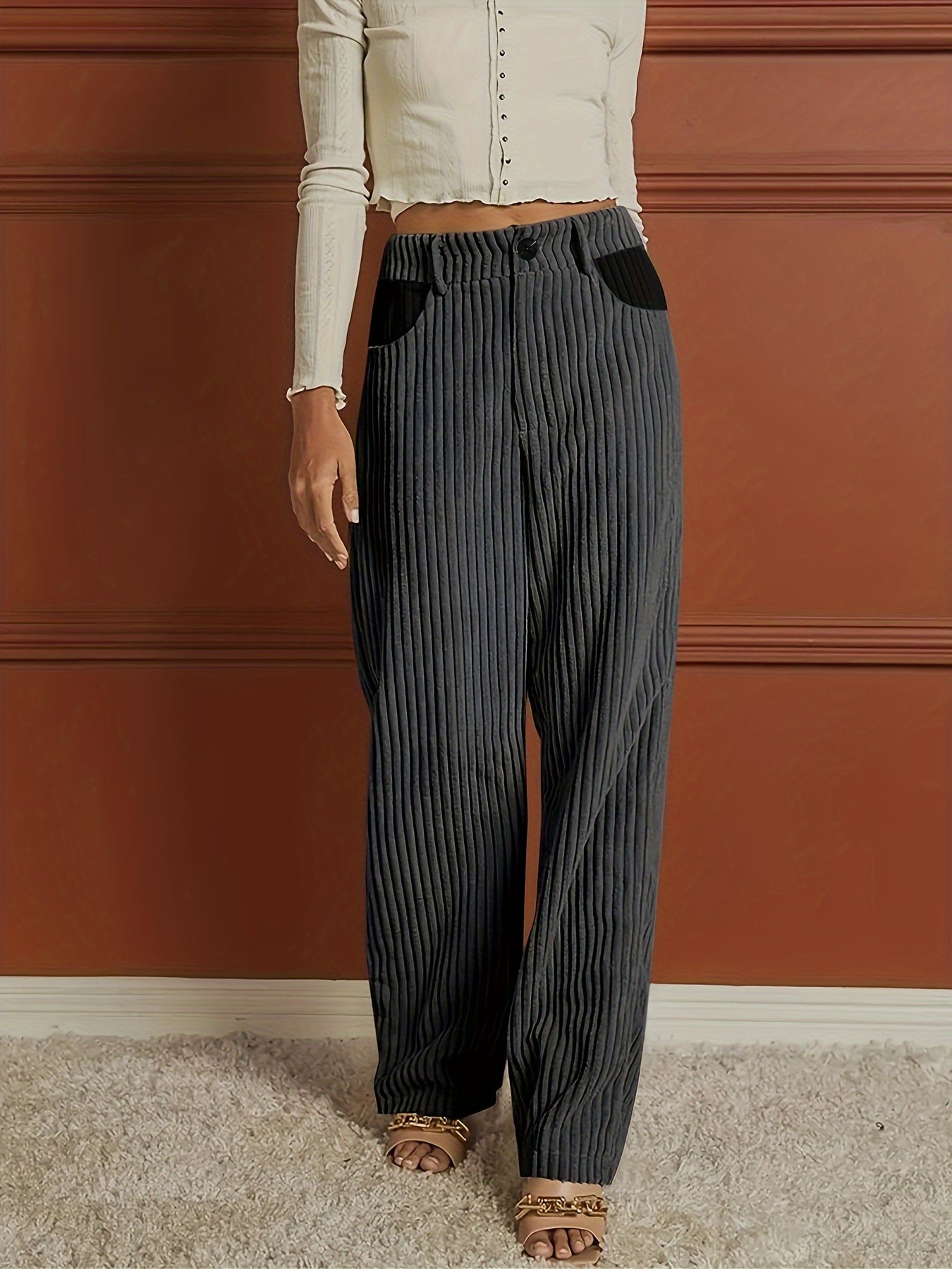 Ribbed Button Front Wide Leg Pants, Casual High Waist Pants, Women's Clothing