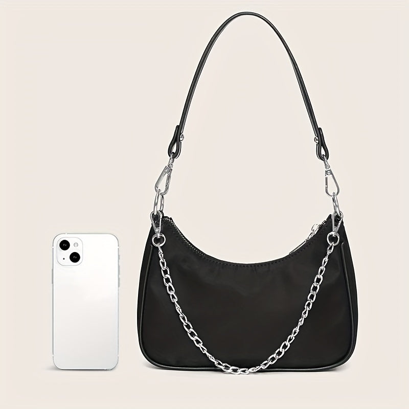 Ladies Y2K Chain Baguette Bag, Trendy Nylon Shoulder Bag, Women's Solid Color Purse