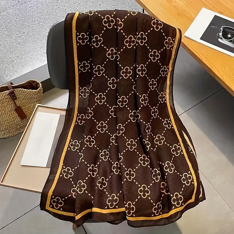 Coffee Color Flower Print Scarf Thin Breathable Shawl Simple Casual Windproof Warm Wrap Suitable For Air Conditioning Room