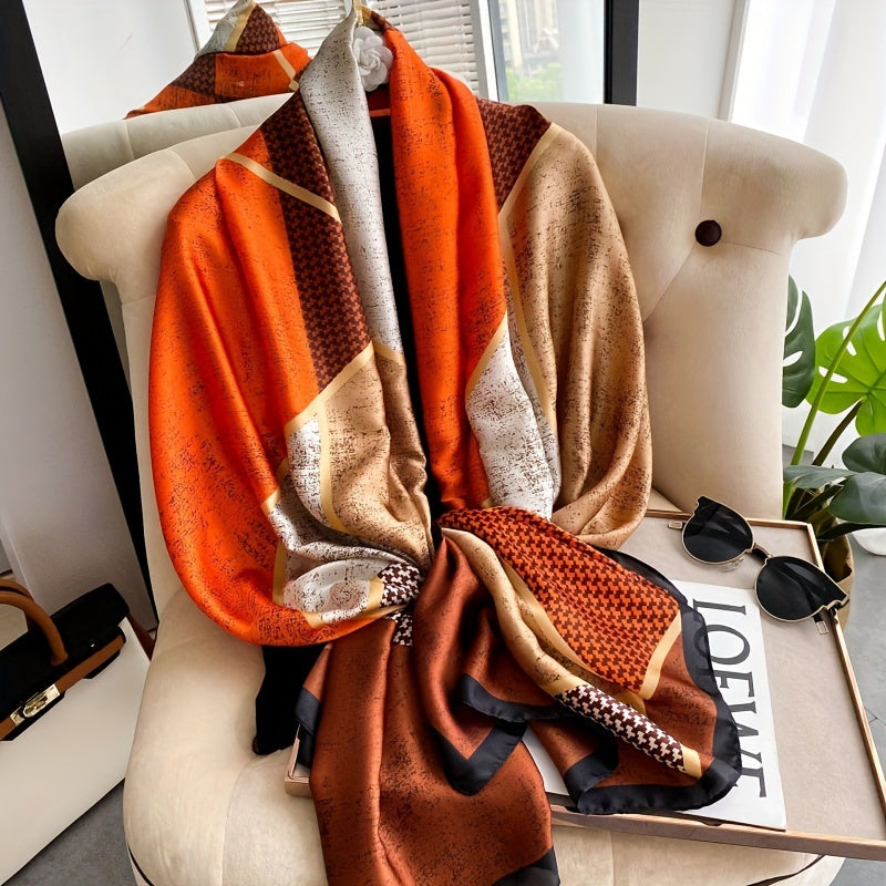 Elegant European Design Look Satin-Feel Scarf for Women - Warm, Windproof & Breathable | Chic Color Block Design | Perfect for Beach & Casual Outings