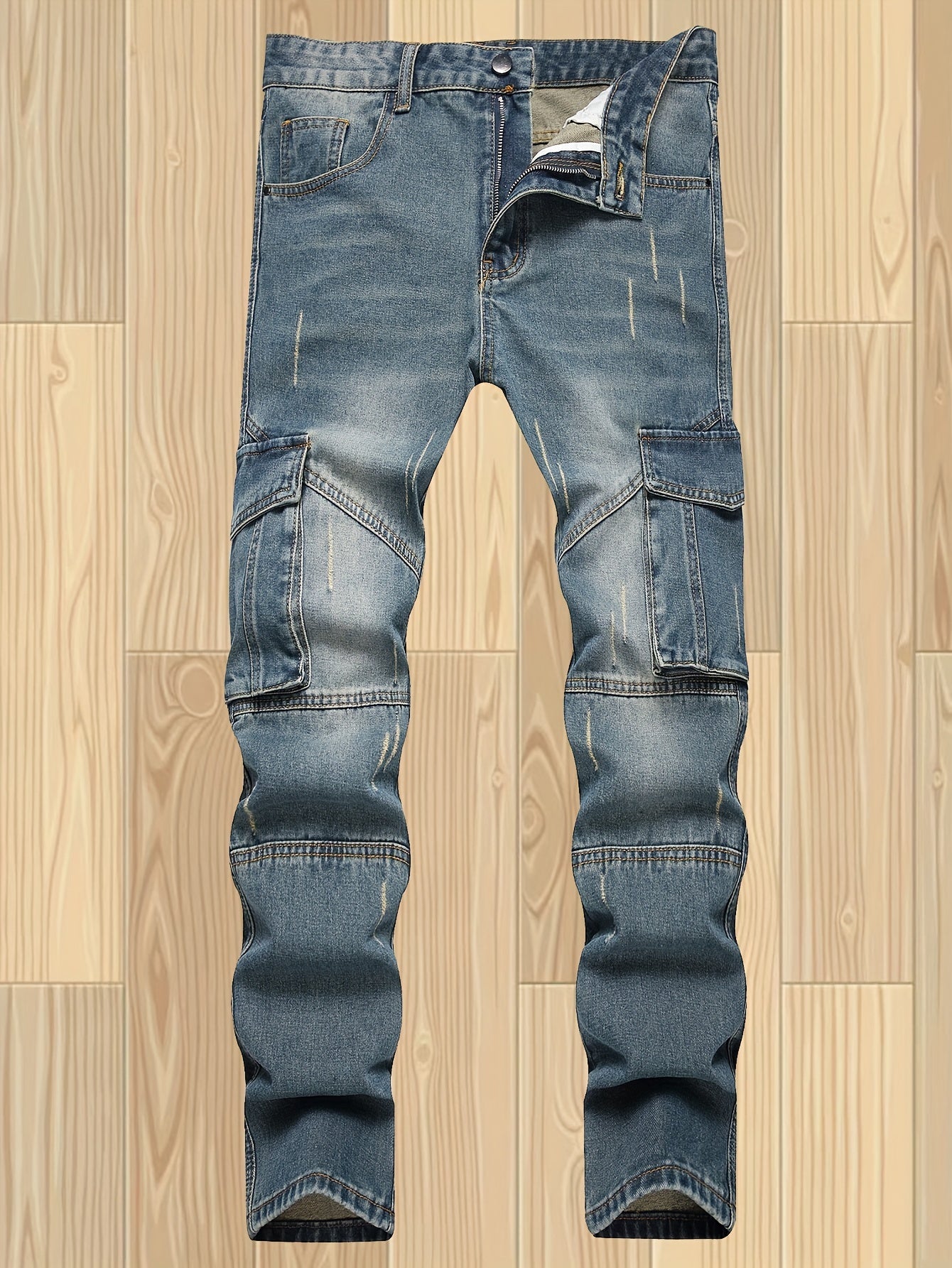 Men's Distressed Straight Leg Jeans with Multi-Pockets, Versatile Denim Pants for All Seasons