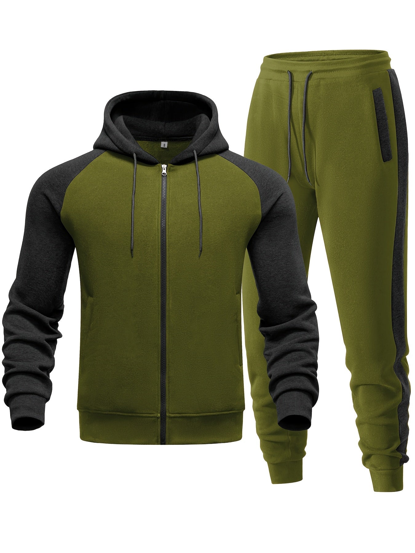 2pcs Men's Color Blocking Hooded Long Sleeve Jacket + Pants Slim Fitness Set, Quick-drying Fleece Surface Training Sports Suit