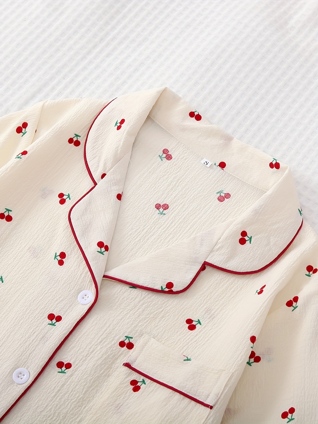 Cherry Print Pajama Set for Women - Sweet Lapel Button Top & Bow Shorts Set