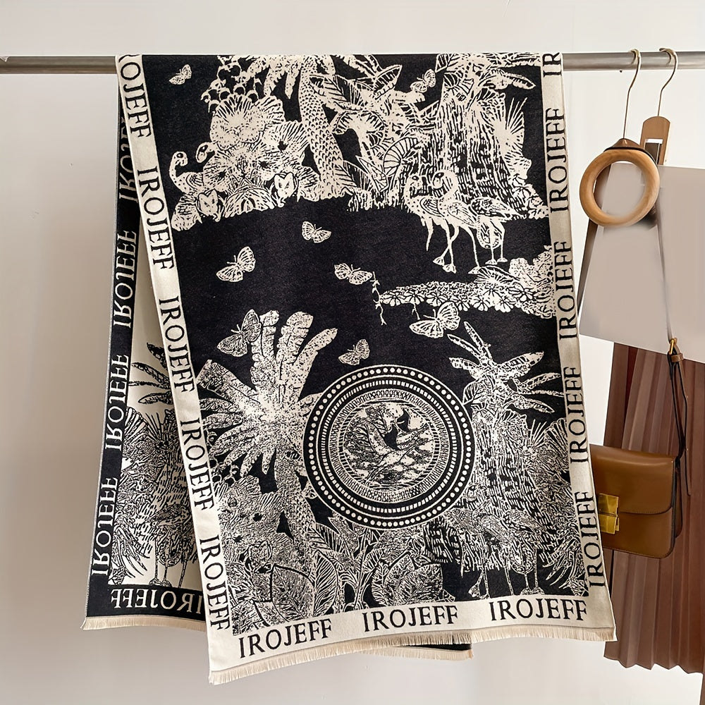 Cozy Faux Cashmere Jacquard Shawl with Animal Print - Vintage Style, Non-Stretch, Warm & Windproof for Office and Travel