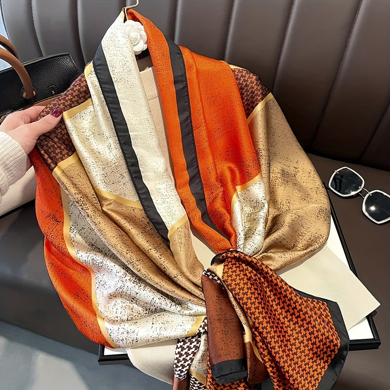 Elegant European Design Look Satin-Feel Scarf for Women - Warm, Windproof & Breathable | Chic Color Block Design | Perfect for Beach & Casual Outings