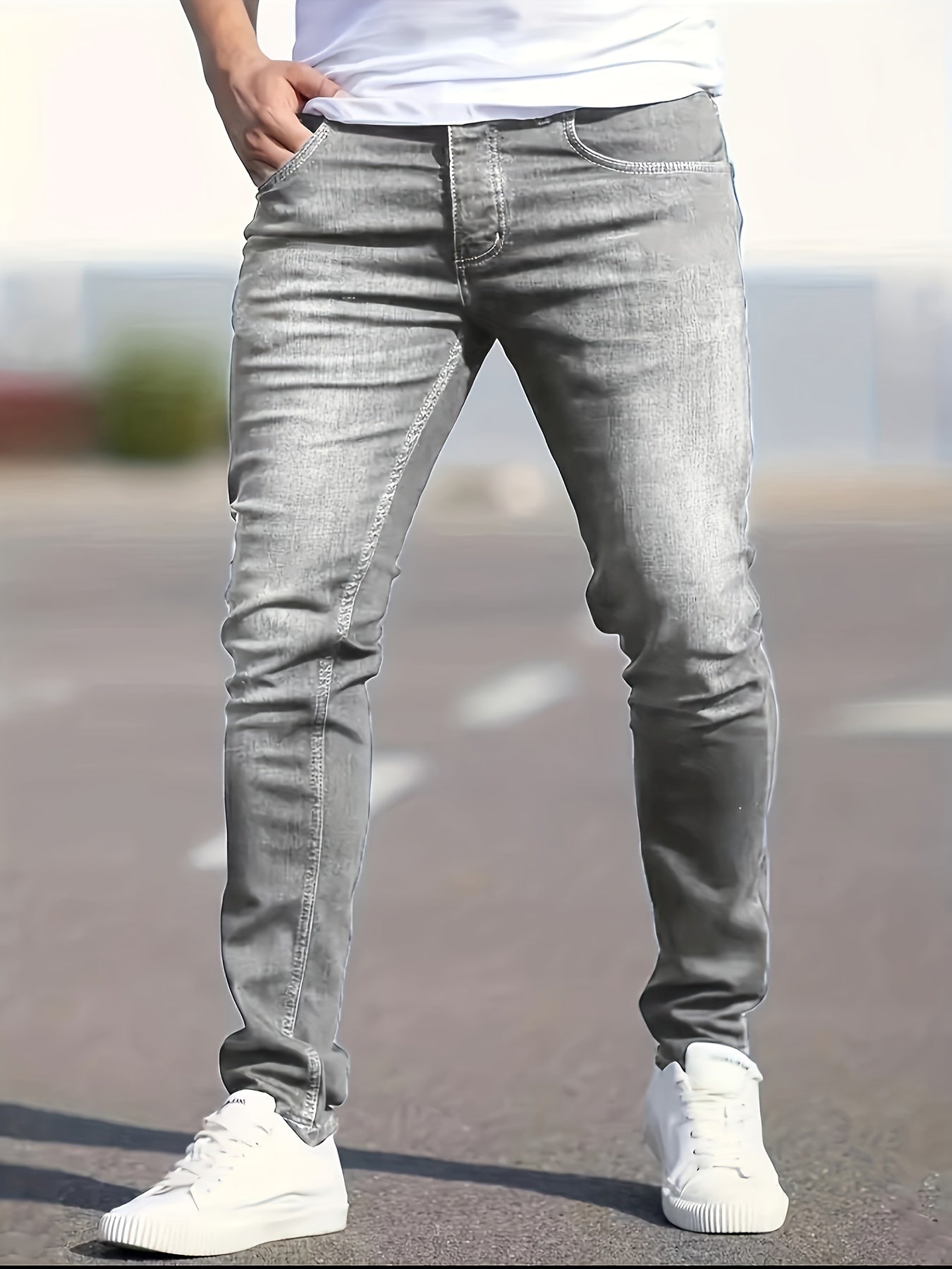 Men's Casual Skinny Fit Distressed Jeans, Men's Versatile Street Style Denim Pants For All Seasons