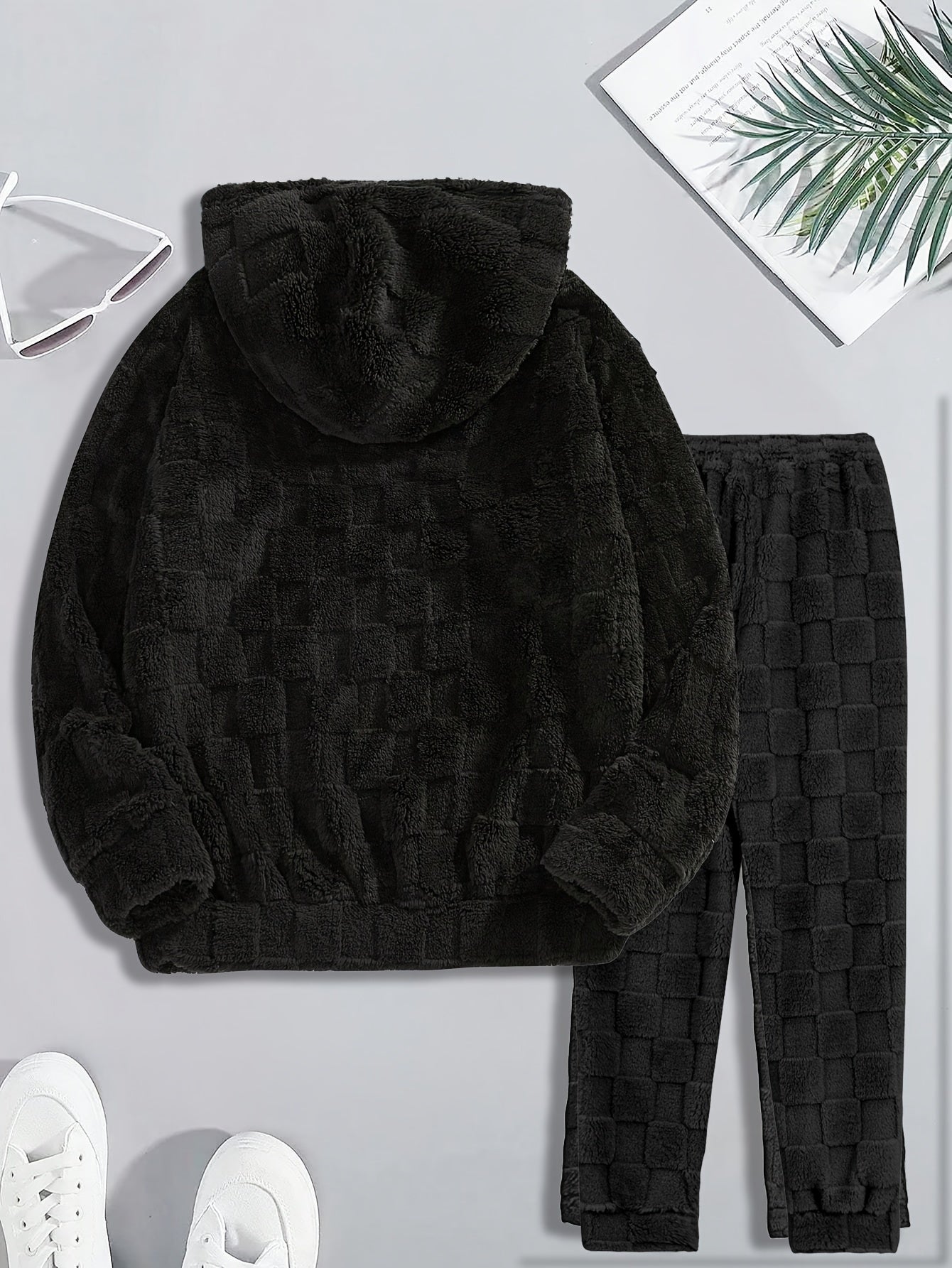 Men's Cozy Fleece-Lined Hoodie & Joggers Set - Casual Plaid Long Sleeve with Kangaroo Pocket, Machine Washable - Perfect for Fall/Winter