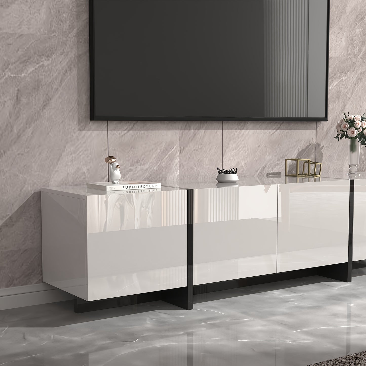 67''High Gloss Modern TV Stand, Unique Style TV Console Table For TVs Up To 75'', With 3 Cabinets TV Storage For Living Room Or Bedroom