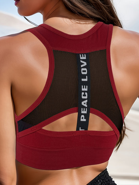 Letter Tape Contrast Mesh Sports Bra, Racer Back and High Support