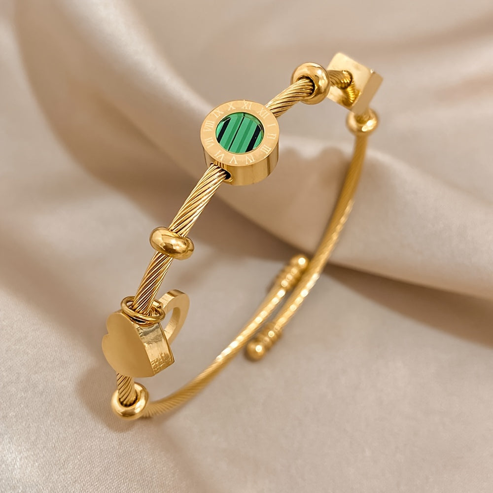 Golden Plated Stainless Steel Adjustable Bangle With Elegant Green Stone & Roman Numerals