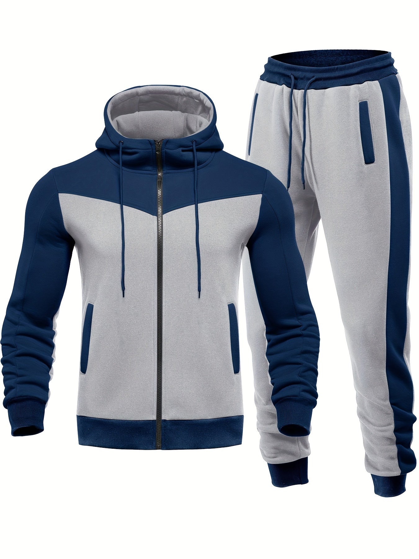 Polyester Hooded Activewear Set for Men - Long Sleeve Patchwork Sports Jacket and Pants with Pockets, Casual Hiking Outdoor Sweat Suit, Four Seasons Knit Fabric Regular Fit Track Suits