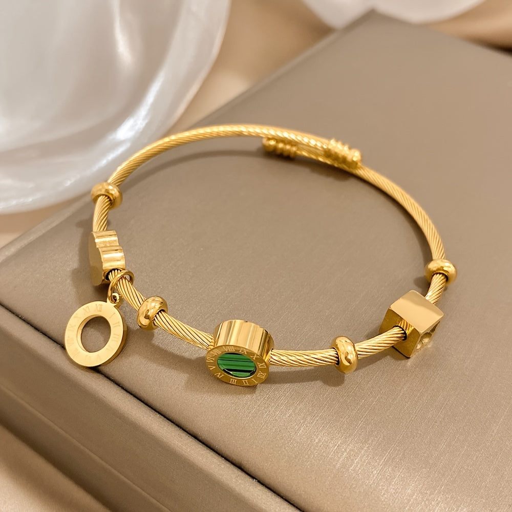 Golden Plated Stainless Steel Adjustable Bangle With Elegant Green Stone & Roman Numerals