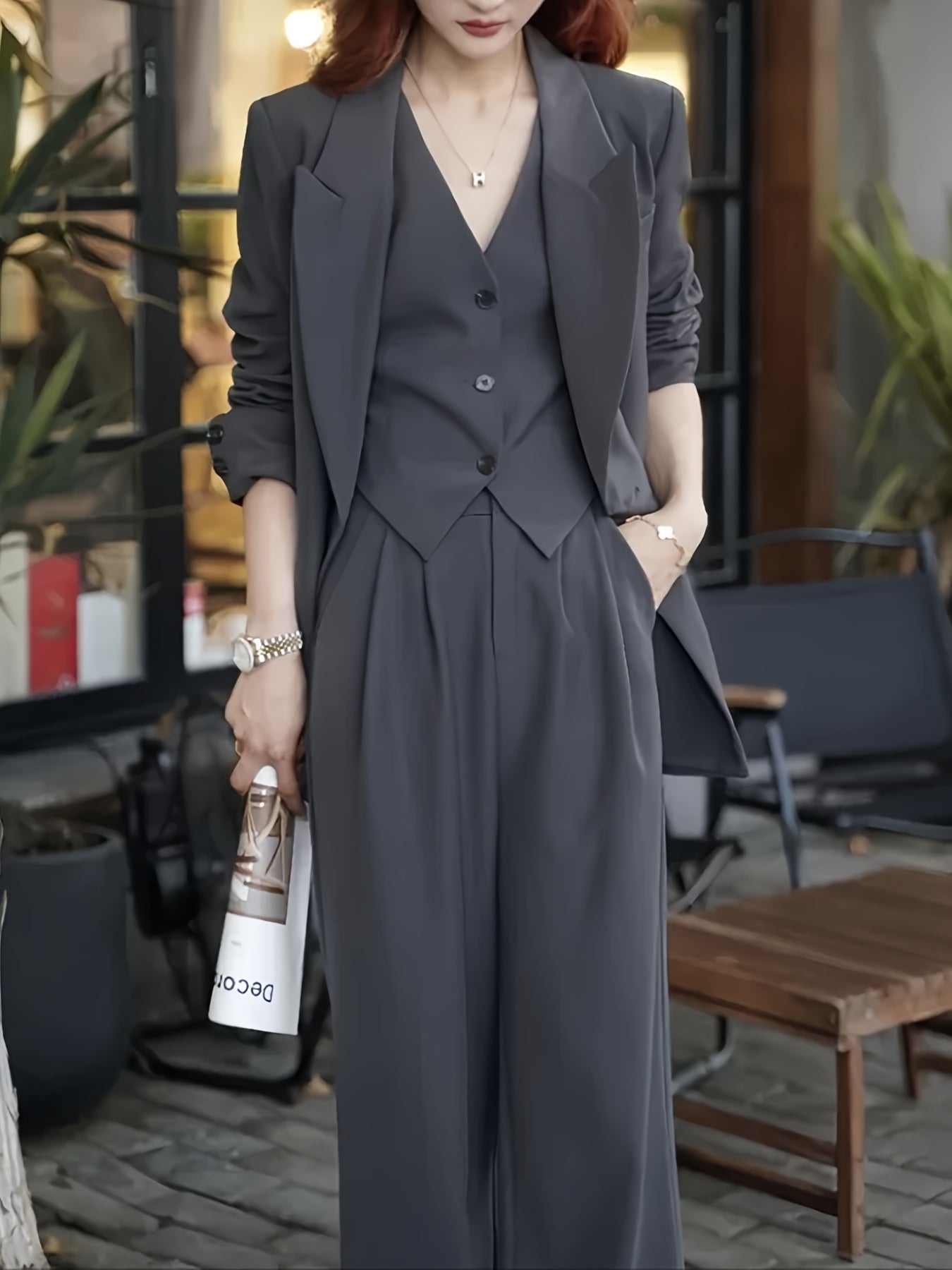 3 Pcs Classic Blazer & Vest & Pants Outfit, Long Sleeve Button Front Lapel Blazer & V Neck Sleeveless Vest & High Waist Straight Leg Pants, Women's Clothing